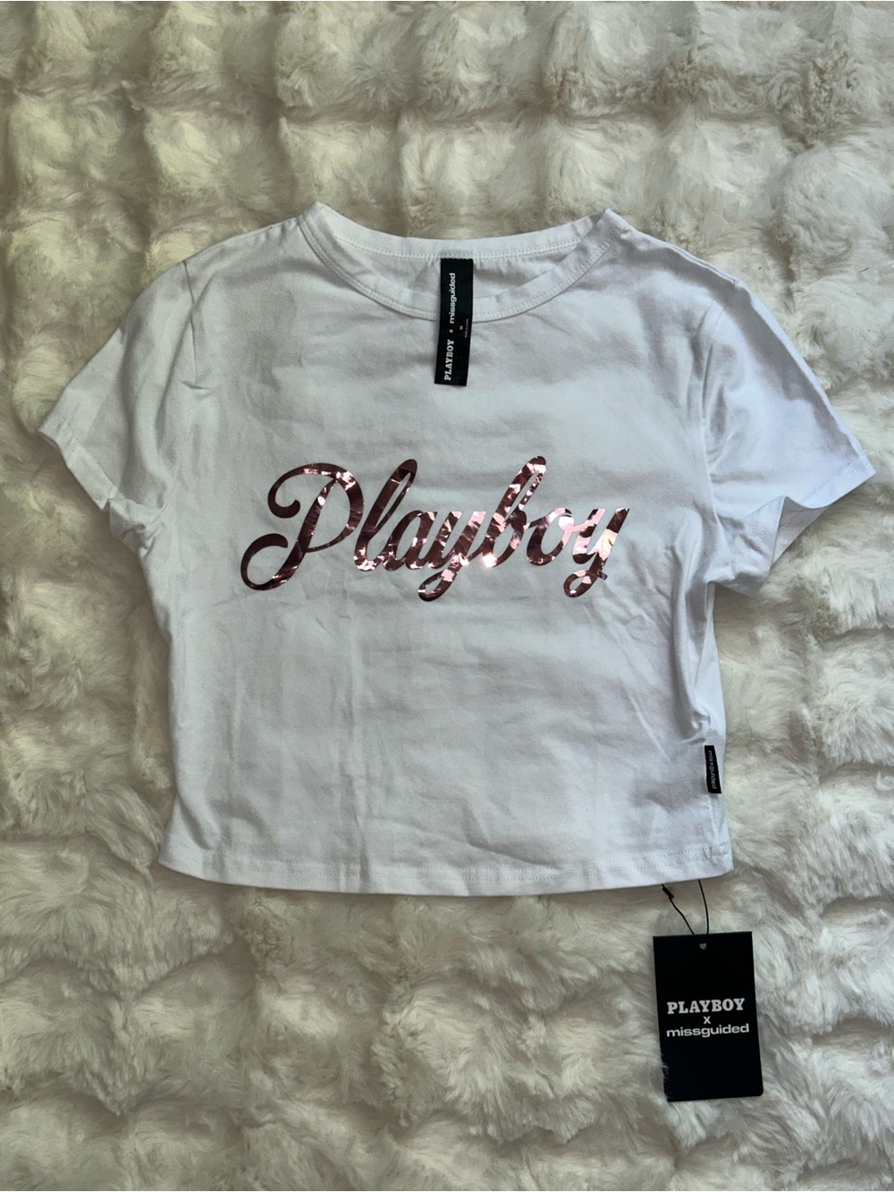 NWT PLAYBOY Metallic Pink Logo White Crop T-Shirt- Women’s